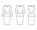 Set of dresses peplum technical fashion illustration with long sleeve, fitted body, knee length sheath skirt, round neck