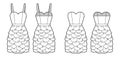 Set of Dresses petal chemise technical fashion illustration with thin straps strapless, sleeveless, fitted body, knee