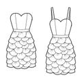 Set of Dresses petal chemise technical fashion illustration with thin straps strapless, sleeveless, fitted body, knee