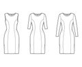 Set of Dresses princess line technical fashion illustration with long short sleeve, fitted body knee length pencil skirt