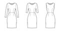 Set of Dresses sheath technical fashion illustration with long elbow short sleeveless, natural waistline, knee length