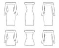 Set of Dresses shift chemise technical fashion illustration with long elbow short sleeve, oversized fitted body, knee