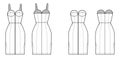 Set of dresses Zip-up tube denim technical fashion illustration with bustier, sleeveless, strapless, fitted body, knee