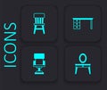 Set Dressing table, Chair, Office desk and chair icon. Black square button. Vector Royalty Free Stock Photo