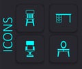 Set Dressing table, Chair, Office desk and chair icon. Black square button. Vector