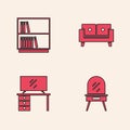 Set Dressing table, Library bookshelf, Sofa and TV stand icon. Vector Royalty Free Stock Photo