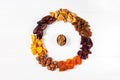 A set of dried berries, fruits and nuts in the form of a wreath, in the center of the walnut kernel in a shell hazelnut,pumpkin,