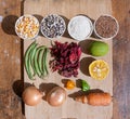 Well composed food ingredients set with hibiscus flowers in the middle