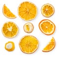 Set of dried slices and half a slice of orange and lemon, isolated on the white background Royalty Free Stock Photo