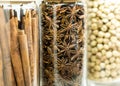 Set of dried spices and herbs in glass bottles , Variety of spices Royalty Free Stock Photo