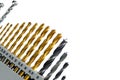 Set drills for metal concrete and wood on a white background Royalty Free Stock Photo