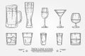 Set drink alcohol glass for beer, whiskey, wine, tequila, cognac, champagne, brandy, cocktails, liquor. Vector illustration isola Royalty Free Stock Photo