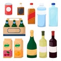 Set of drink and alcohol product. Bottle of water, beer, wine, juice. Cartoon vector