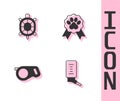 Set Drinker for small pets, Turtle, Retractable cord leash and Pet award symbol icon. Vector