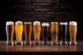 Set of drinking glasses filled with various beer types. Generative AI Royalty Free Stock Photo