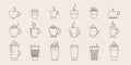 Set of drinks in different cups, mugs and paper cups Royalty Free Stock Photo