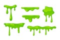 Set Of Dripping Green Slime Textures, Border And Spots Isolated Elements On White Background, Falling Syrup Drops