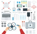 Set of equipment for the drone, repair by human hands vector illustration in a flat design