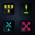 Set Drone flying, Server, Data, Web Hosting, Wind turbine and Syringe. Black square button. Vector Royalty Free Stock Photo