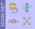 Set Drone flying, Social network, Smartwatch and DNA symbol icon. Vector Royalty Free Stock Photo