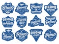 Set of Drone stickers, patches. Blue badges, emblems, stamps on white background isolated