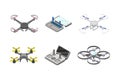 Set of drones and computer controllers. Unmanned aircrafts, electronic drones with propellers vector illustration
