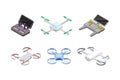 Set of drones and computer controllers. Unmanned aircrafts vector illustration