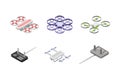 Set of drones with controllers. Unmanned aircrafts, electronic drones and vehicle controllers vector illustration