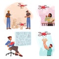 Set Drones Delivery Service, Technology Of Air Transportation Goods To Customers. Fast, Efficient Alternative Royalty Free Stock Photo