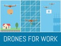 Set of drones with remote control. Drone for delivery, washing, construction. Flying over city. Flat banner, vector
