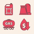 Set Drop in crude oil price, Canister for gasoline, Oil and gas industrial factory building and Gas railway cistern icon Royalty Free Stock Photo