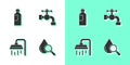 Set Drop and magnifying glass, Bottle of water, Shower head and Water tap icon. Vector Royalty Free Stock Photo