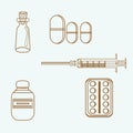 set of drugs, syringe, pills, jar, glass jar, illustration