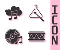Set Drum, Music streaming service, Vinyl disk and Triangle musical instrument icon. Vector Royalty Free Stock Photo