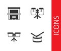 Set Drum with drum sticks, Piano, Bongo and Conga drums icon. Vector Royalty Free Stock Photo