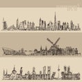 Set Dubai Madrid Amsterdam Vintage Engraved Sketch