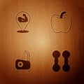 Set Dumbbell, Bodybuilder muscle, Stationary bicycle and Apple on wooden background. Vector Royalty Free Stock Photo