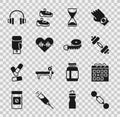 Set Dumbbell, Calendar fitness, Old hourglass, Heart rate, Boxing glove, Headphones and Tape measure icon. Vector