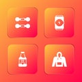 Set Dumbbell, Energy drink, Vitamins and Hoodie icon. Vector