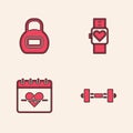 Set Dumbbell, Kettlebell, Smart watch and Heart rate icon. Vector Royalty Free Stock Photo