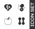 Set Dumbbell, Sleepy, Apple and Vitamin pill icon. Vector