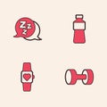 Set Dumbbell, Sleepy, Bottle of water and Smart watch icon. Vector