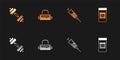 Set Dumbbell, Sport bag, Doping syringe and Anabolic drugs icon. Vector