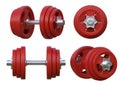Set of dumbbells with red plates isolated on white background Royalty Free Stock Photo