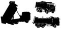 Set of dump truck silhouettes isolated on white background. Trucks with soil in the body and with a raised empty body. Vector