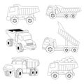 Set of Dump trucks. Black and White vectors for coloring book pages.