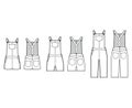 Set of Dungarees Denim overall jumpsuit technical fashion illustration with knee mini length, normal waist, high rise