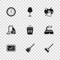 Set Dustpan, Brush for cleaning, Mop, Trash can, Sponge, Clock, Wine glass and Vacuum cleaner icon. Vector