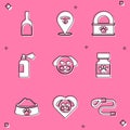 Set Dustpan, Cat nose, Canned food, Pet shampoo, Dog, Medicine bottle and pills, bowl and Heart with dog icon. Vector Royalty Free Stock Photo