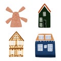 Set dutch houses isolated on white background. Cartoon sketch hand drawn houses, mill, traditional cottage.